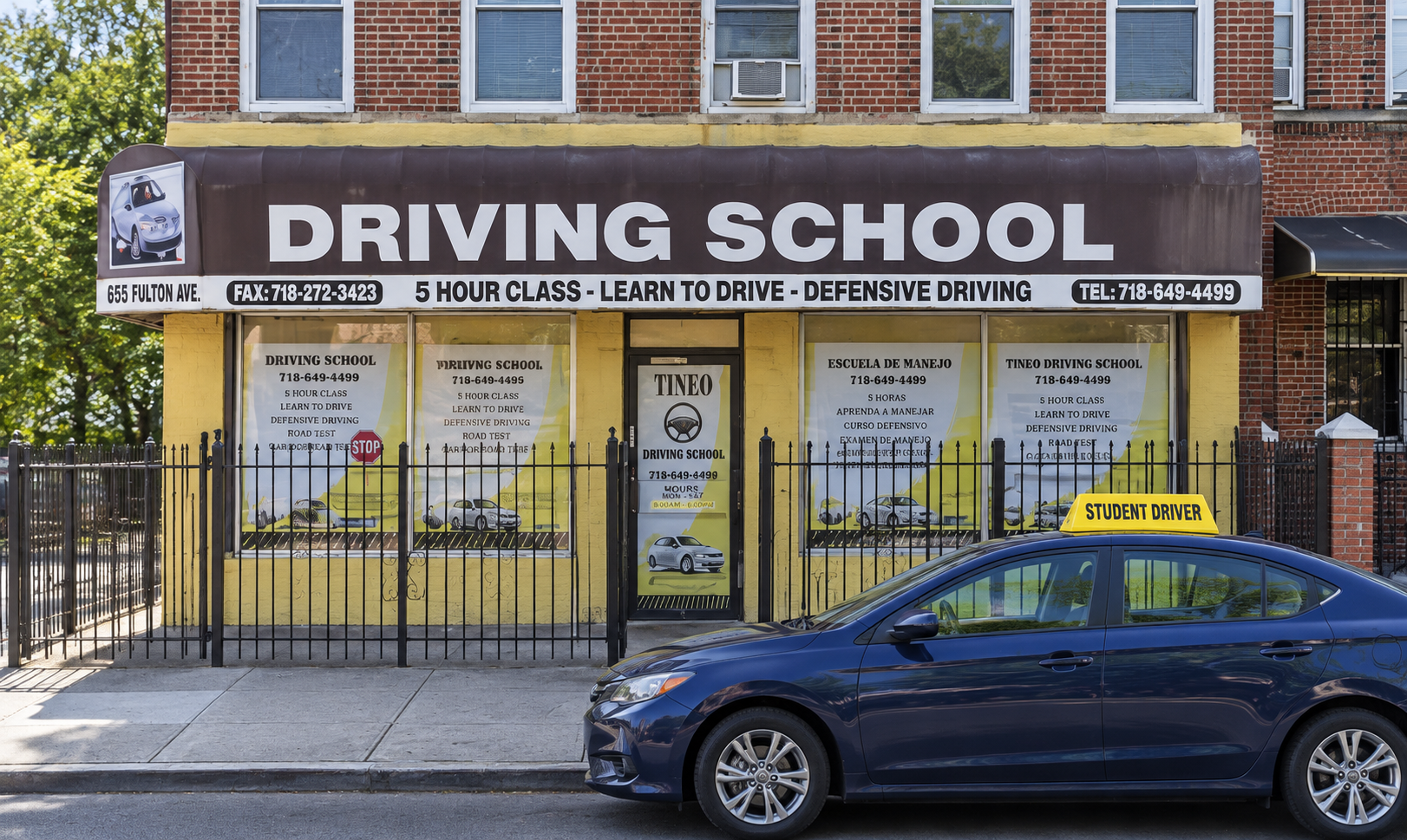 Enhanced illustration of Tineo Driving School with a student-driver car